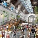 An image of a planned food hall and gathering space in the former turbine area at the L Street Power Station.
